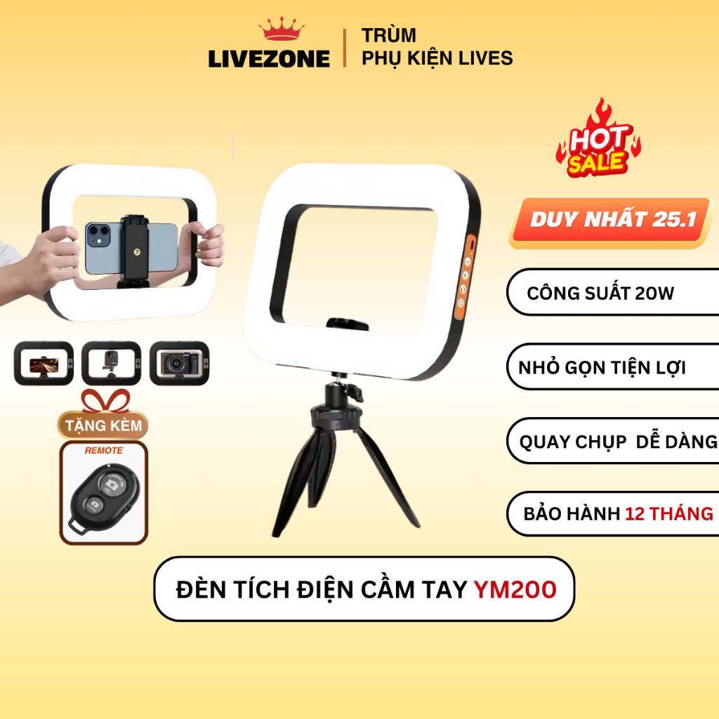 Đèn Livestream YM200 Di Động Tích Hợp Kẹp Điện Thoại Hỗ Trợ Quay Video, Chụp Ảnh, Makeup Chuyên Nghi