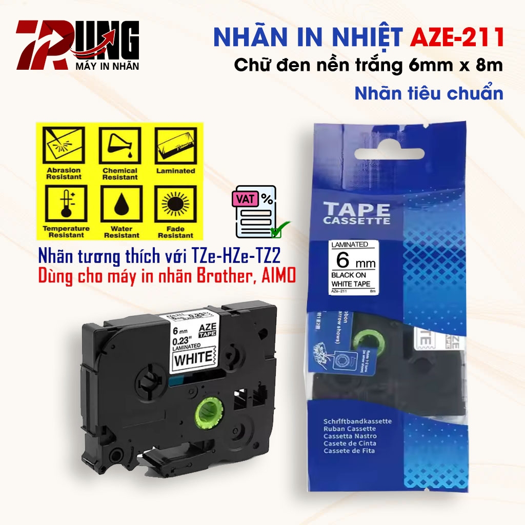 Nhãn in AZe-211 [6mm x 8m] Tương thích với TZe-211 (Dùng cho PT-E110/ PT-E300/D210/ E1000Pro..)
