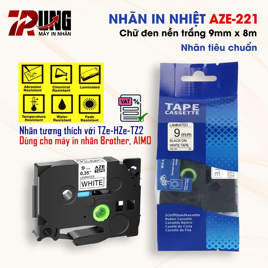 Nhãn in AZe-221 [9mm x 8m] Tương thích với TZe-221 (Dùng cho PT-E110/ PT-E300/D210/ E1000Pro..)