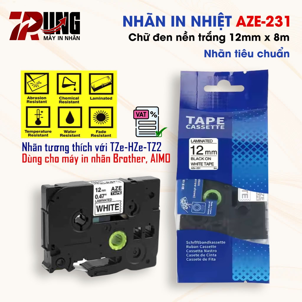 Nhãn in AZe-231 [12mm x 8m] Tương thích TZe-231 (Dùng cho PT-E110/ PT-E300/D210/ E1000Pro..)