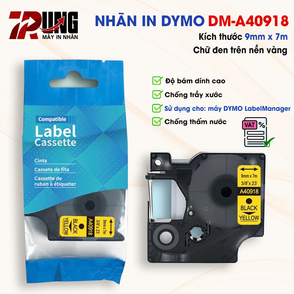Nhãn D1 DM-A40918 - 9mm I Chữ Đen Nền Vàng I SD cho máy Dymo 160/210D/280/360D/420P/500TS/640-Rhino 