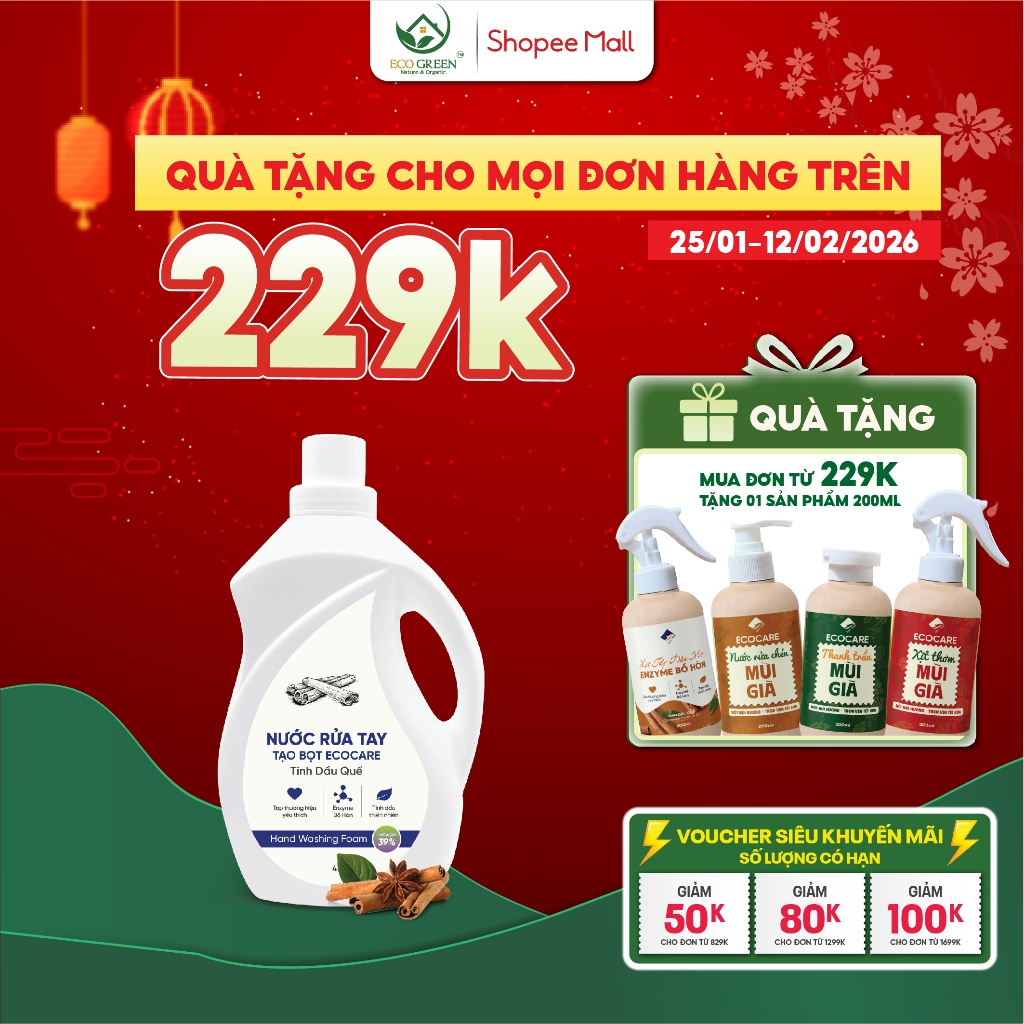 (TẶNG VỎ TẠO BỌT ĐẶC BIỆT)Nước Rửa Tay Hữu Cơ Hương Quế 4L ECOCARE Rửa Tay Diệt Khuẩn Dưỡng Ẩm