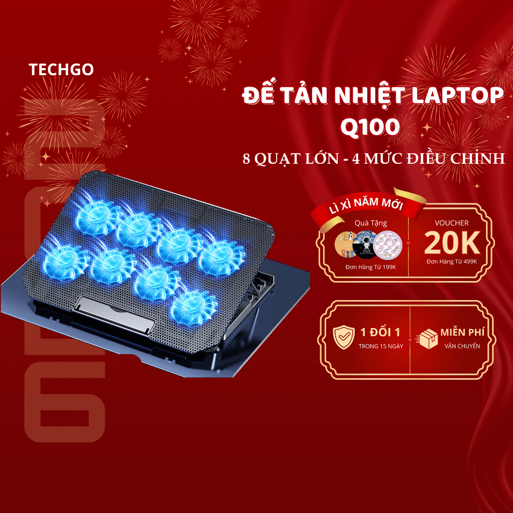 Đế Tản Nhiệt Laptop Q100 8 Quạt Lớn Dành Cho Máy 12-17 Inch, Giá Đỡ Laptop 4 Mức Tùy Chỉnh Độ Cao