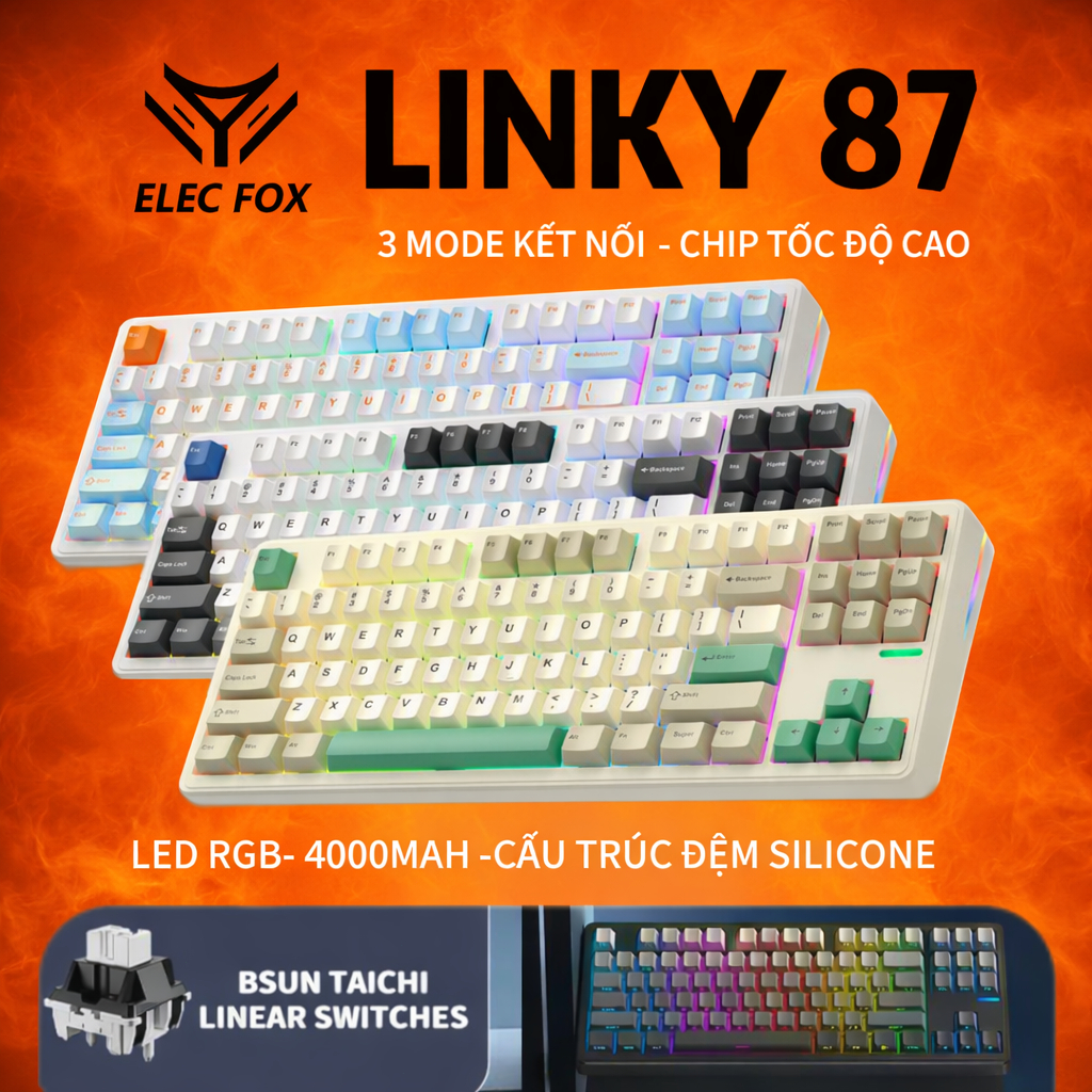 ELECFOX LINKY 87 TKL Bàn phím cơ tuỳ chỉnh kết nối 3 chế độ Có dây/Bluetooth/Không dây, Đèn nền RGB 
