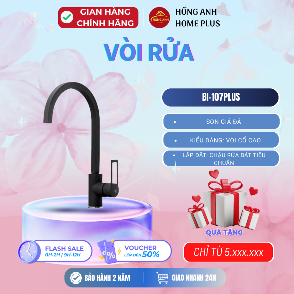 Vòi rửa chén Malloca MF040 sơn giả đá nóng lạnh màu đen thiết kế cổ cao chuẩn châu Âu