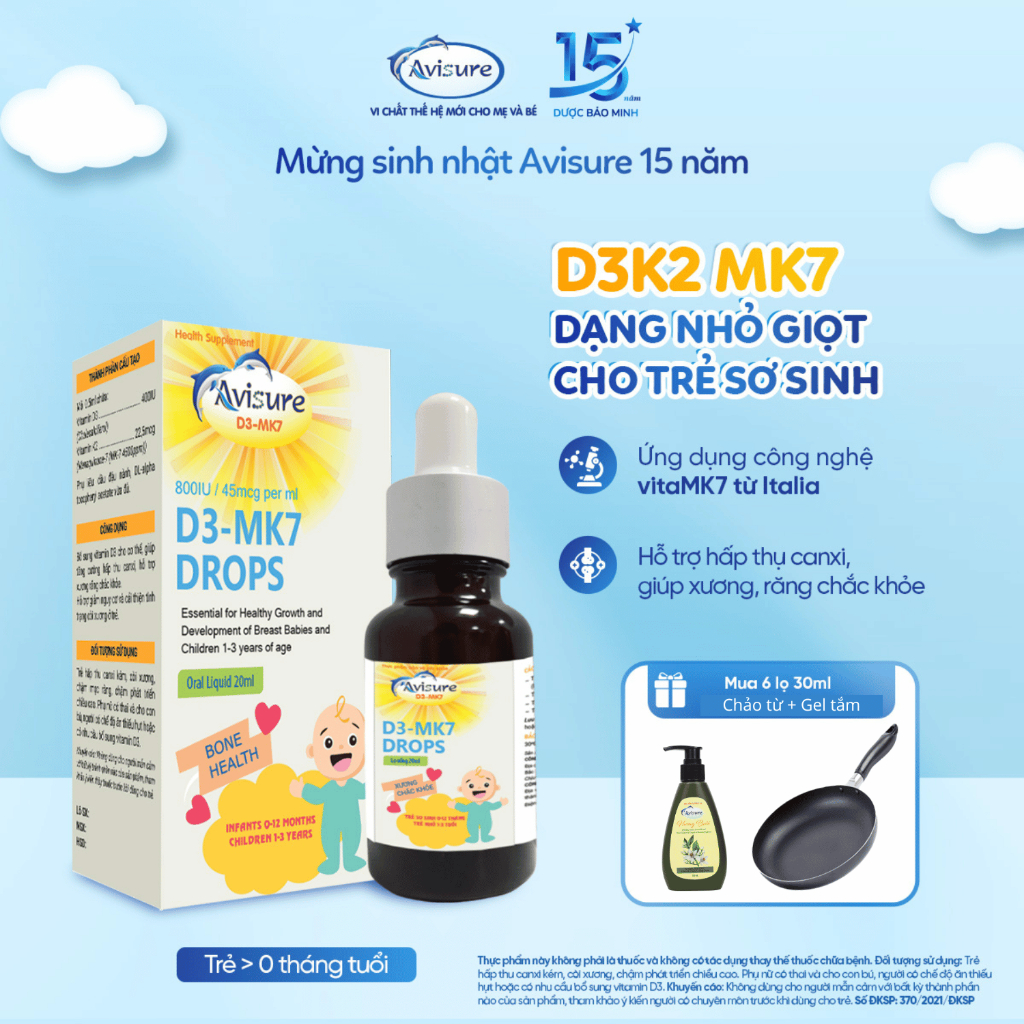 D3 K2 Avisure D3MK7 TPBVSK Hỗ Trợ Tăng Hấp Thụ Canxi, Chắc Xương Răng 15ml