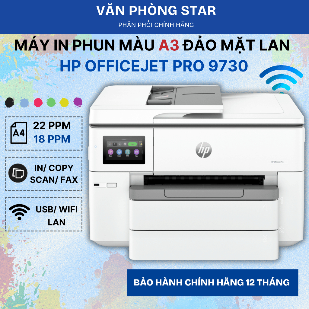 Máy In Phun Màu Đa Năng HP OfficeJet Pro 9730 – In màu A3, Scan Copy Fax, WiFi, LAN, In Đảo Mặt