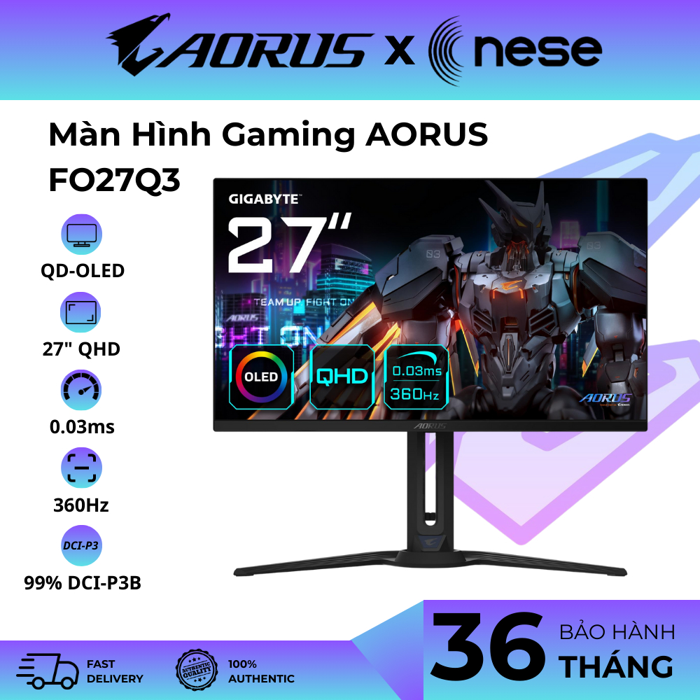Màn Hình Gaming AORUS FO27Q3 27" QD-OLED QHD 360Hz 0.03ms 99% DCI-P3 USB-C | Loa 5W x2