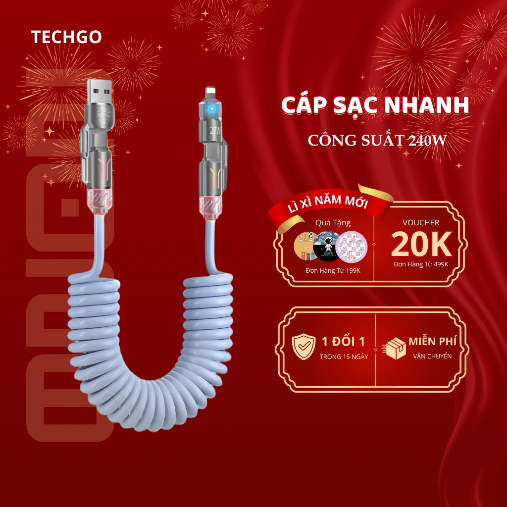 Cáp Sạc Nhanh 4In1 Công Suất 240W, Sạc Cực Nhanh, Dây Sạc Nhanh Đa Năng Chống Rối Hương Thơm Nước Ho