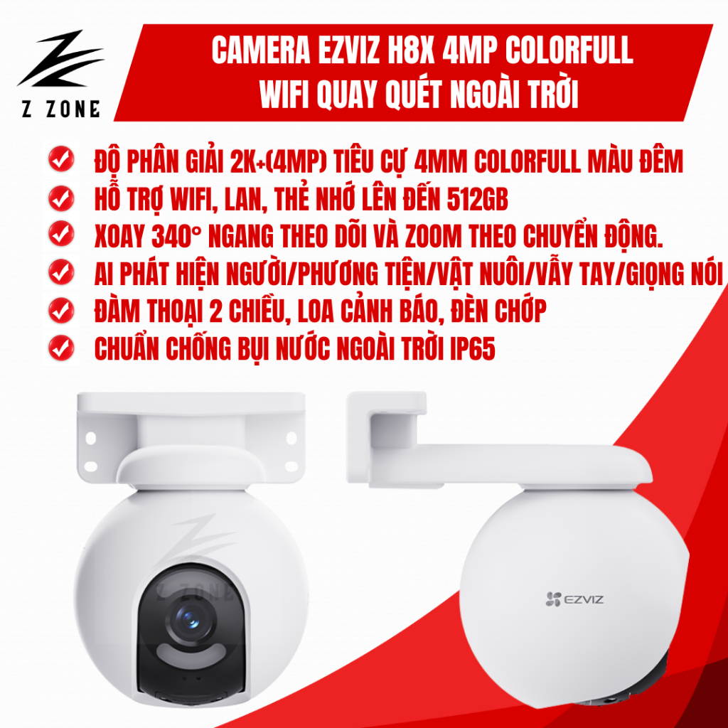 Camera EZVIZ H8x 4MP 2K+ – Quay Quét 360°, AI Thông Minh, Theo Dõi Zoom Theo Chuyển Động