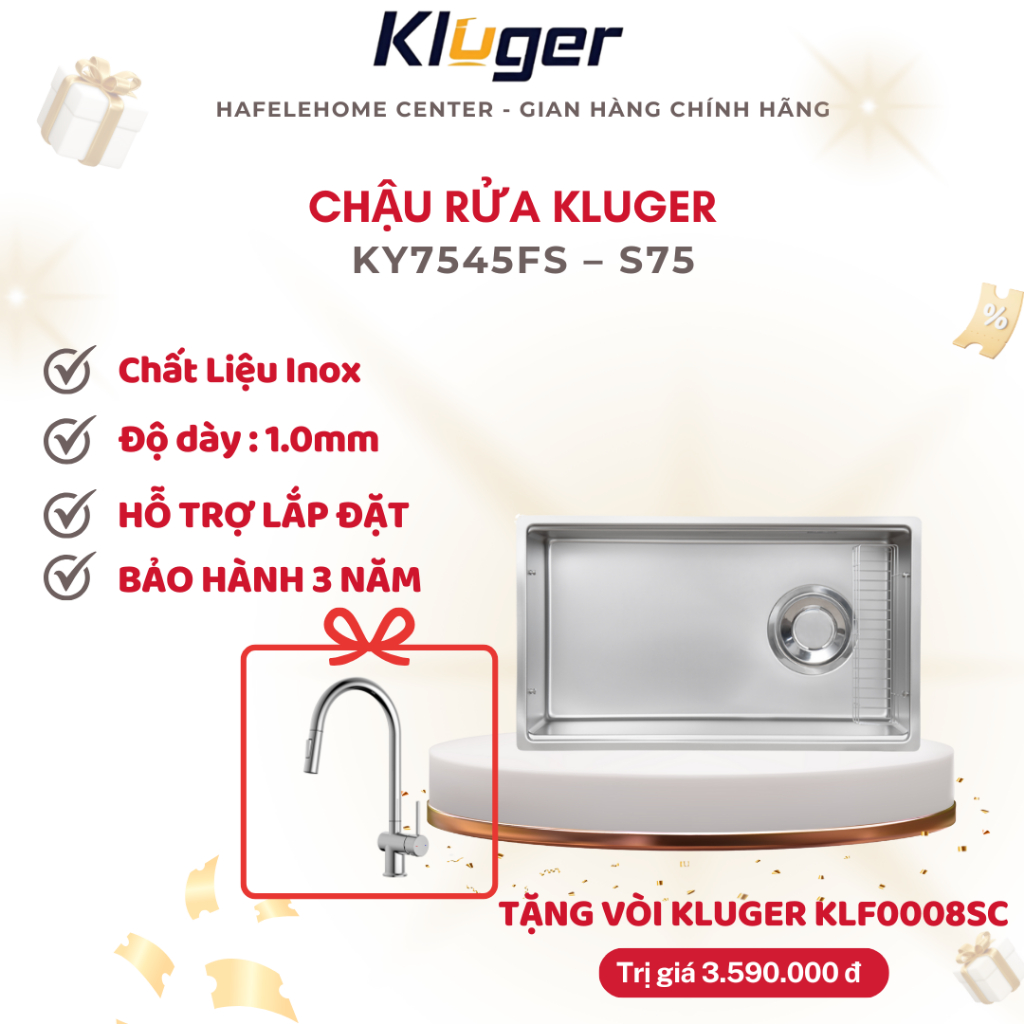 [BẢO HÀNH 10 NĂM + TẶNG VÒI RỬA] Chậu rửa chén Kluger KY7545FS – S75 Chuẩn Inox 304 Dày Dặn