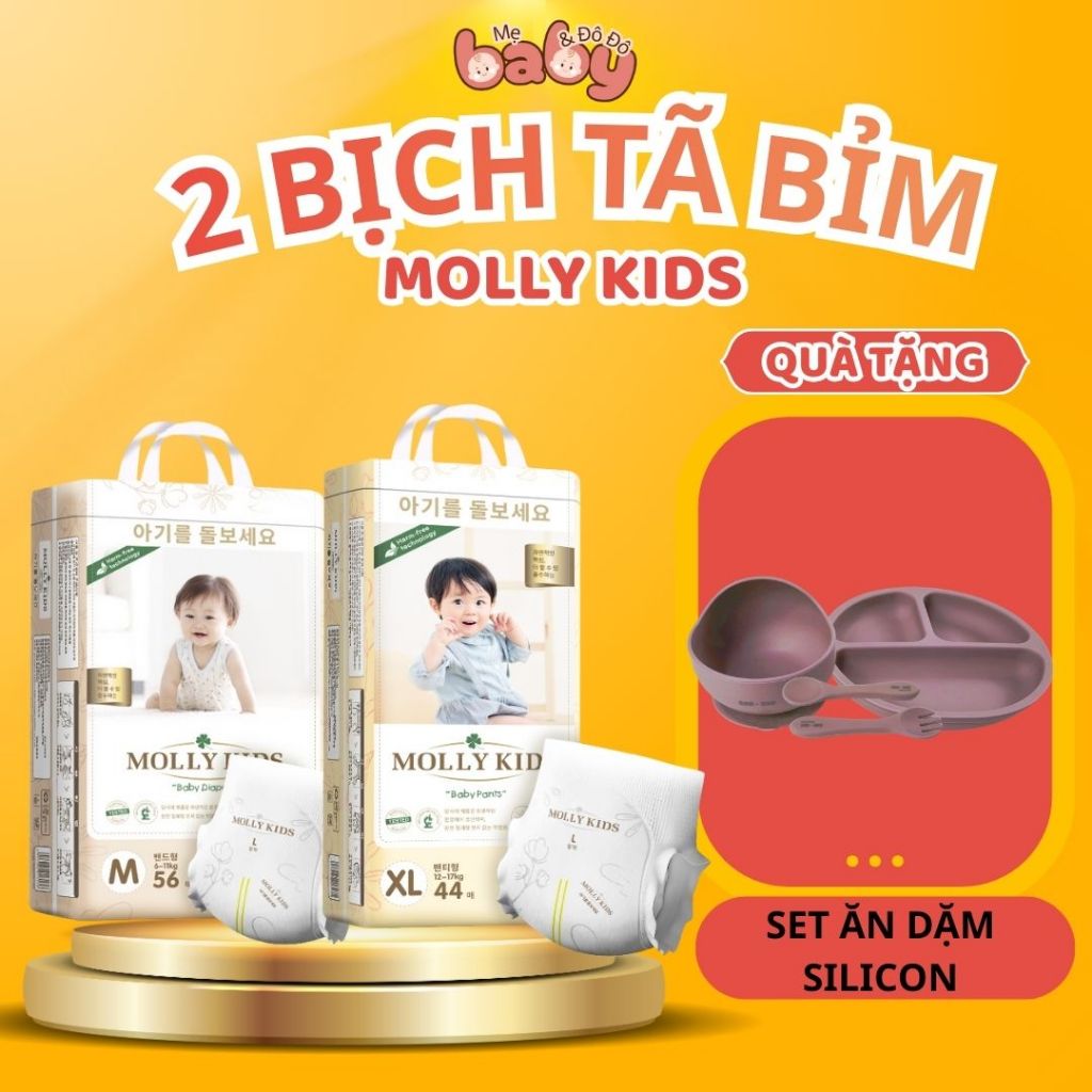 [ 2 Bịch Bỉm Molly Kids ] [ Tặng Set Ăn Dặm Silicon Cho Bé ] Bỉm Molly Kids Cho Bé Size NB - 4XL