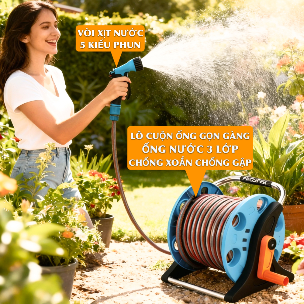 Vòi tưới cây, vòi rửa xe Lionking. Ống nước 3 lớp chống gập, rulo thu cuộn ống nước dễ dàng tiện lợi