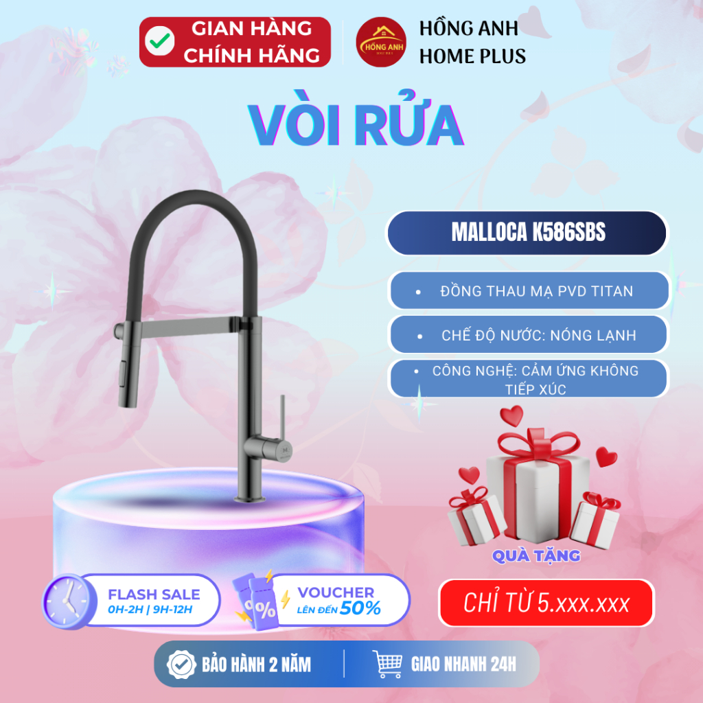 Vòi rửa chén Malloca K586SBS đồng thau mạ pvd titan cảm ứng không tiếp xúc cao cấp