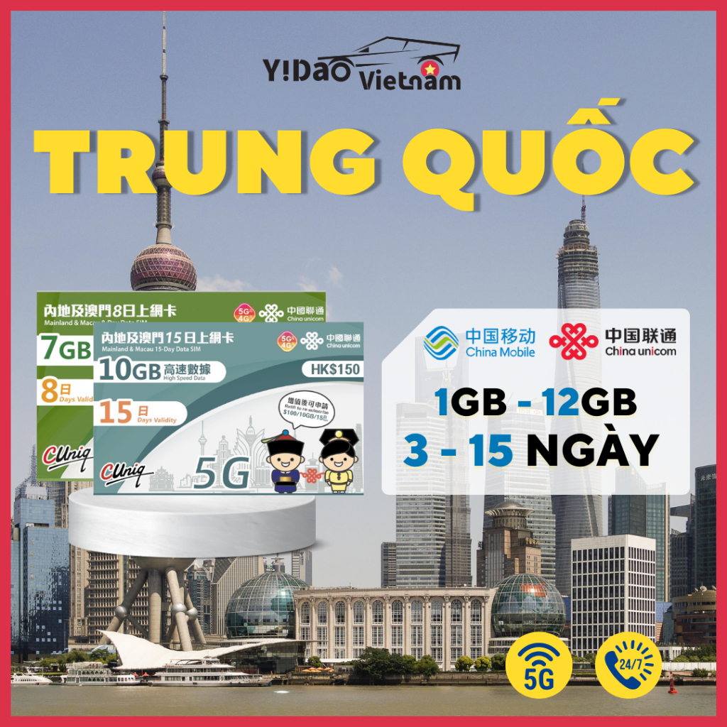 Sim Trung Quốc Du Lịch 3 - 15 Ngày, Sim 5G Đi Trung Quốc Tốc Độ Cao, Truy Cập Mọi Ứng Dụng
