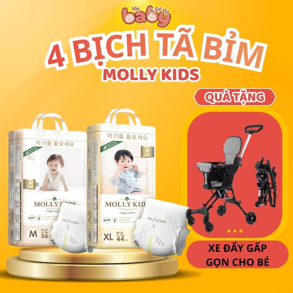[ 4 Bịch Bỉm Molly Kids ] [ Tặng Xe Đẩy Gấp Gọn Cho Bé ] Bỉm Molly Kids Cho Bé Size NB - 4XL