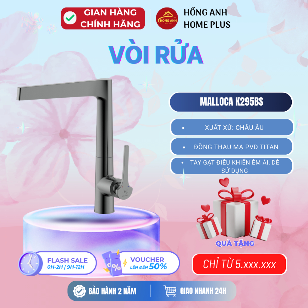 Vòi rửa chén Malloca K295BS đồng thau mạ pvd titan nóng lạnh cao cấp, hiện đại, sang trọng