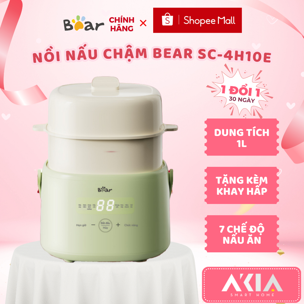 Nồi nấu chậm Bear 1L SC-4H10E - Kèm khay hấp, 7 chức năng nấu, Thố sứ