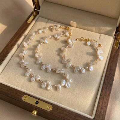 Bộ Trang Sức Ngọc Trai Dị 7ly Nhỏ Gồm Dây Chuyền, Vòng Tay Mix Hai Màu Trắng Hồng Xinh Xắn - Ngọc Trai Trường Thịnh