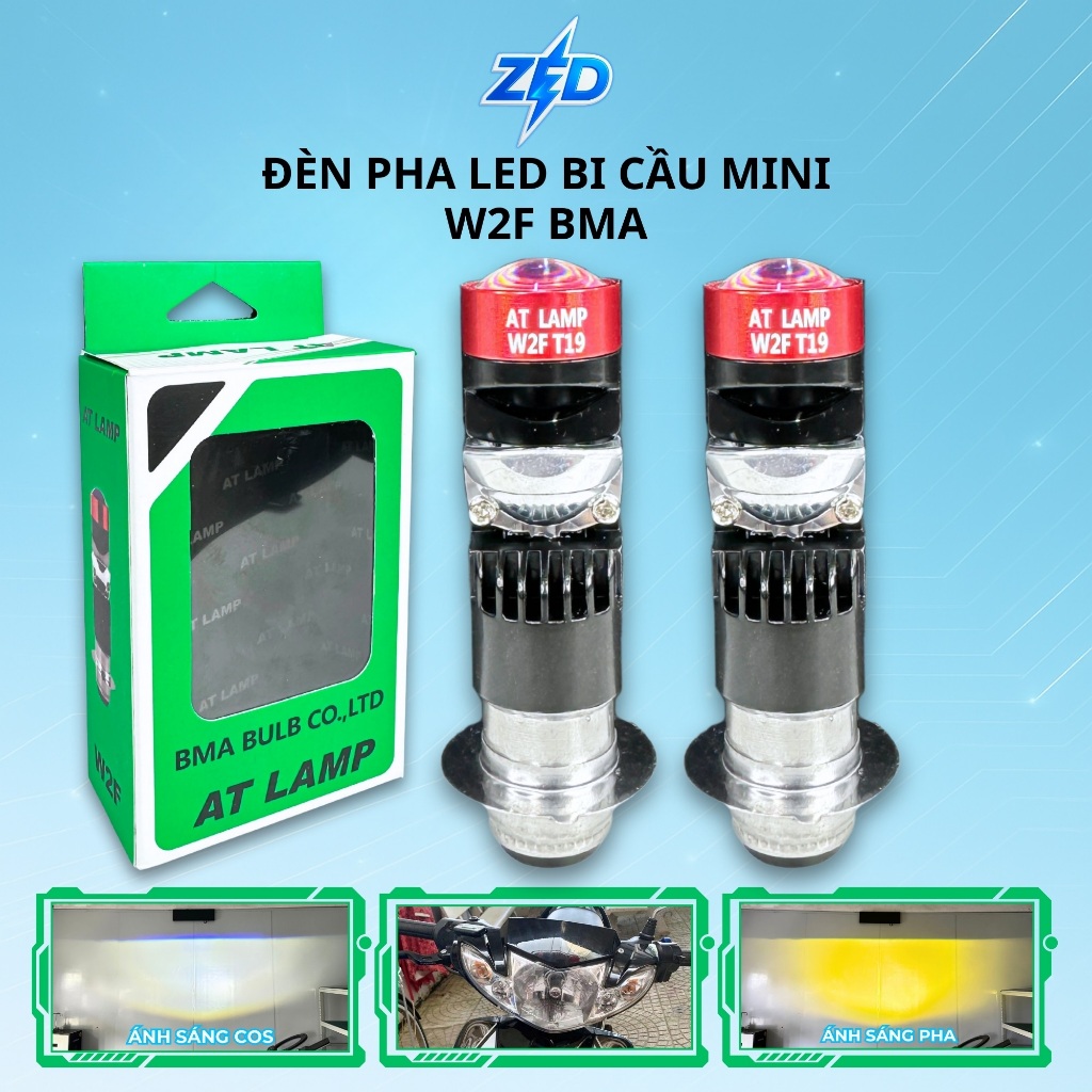 Đèn Pha Bi Cầu W2F AT BMA - Cos Trắng Pha Vàng Chân M5 Siêu Sáng, Sắc Nét Lắp Xe Máy Chân M5/T19