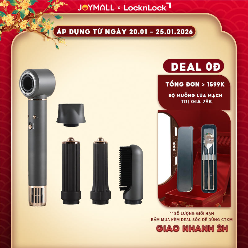 Máy sấy tóc ion âm LocknLock ENA426GRY, ENA526GRY, Hàng chính hãng, lược chải, uốn tạo kiểu- JoyMall