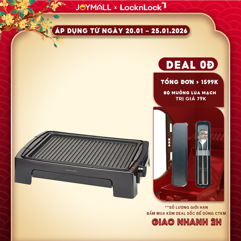 Bếp nướng điện LocknLock EJG221 1300W -Hàng chính hãng, mặt bếp chống dính, 5 mức nhiệt - JoyMall