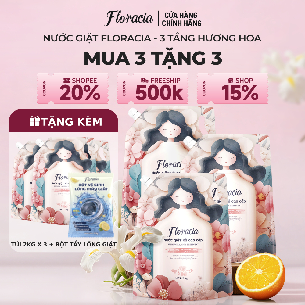 [MUA 3 TẶNG 3] Nước giặt xả Floracia hương hoa 3 tầng 3 túi 2KG không huỳnh quang sạch sâu an toàn dịu nhẹ giặt đồ lót