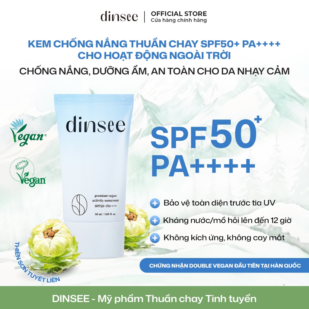 DINSEE KEM CHỐNG NẮNG THUẦN CHAY CHO HOẠT ĐỘNG NGOÀI TRỜI Premium Vegan Activity Sunscreen  SPF50+ PA++++ (50ml)