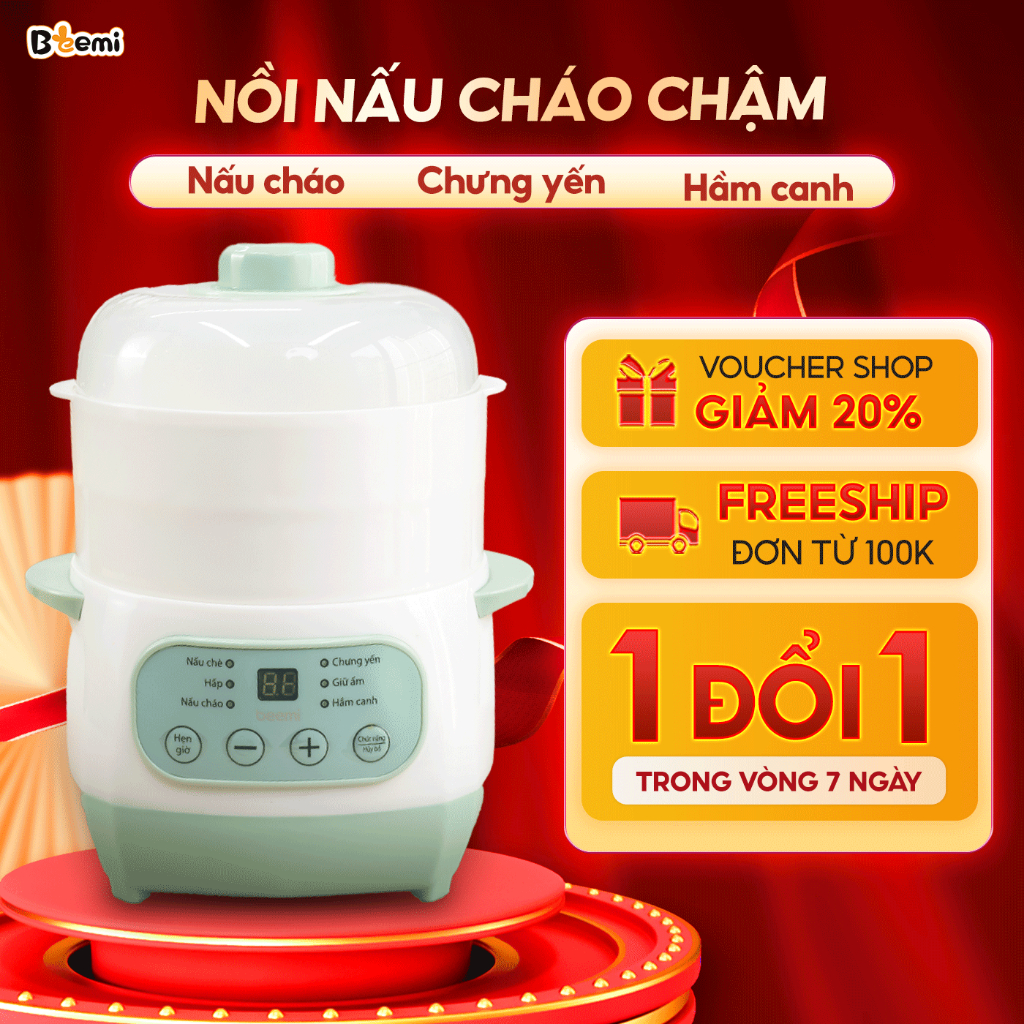 (Bản Tiếng Việt) Nồi Nấu Cháo Chậm BEEMI 1L - Nồi Chưng Yến, Nấu Hầm Cách Thủy Đa Năng, Nấu Chè, Giữ Ấm Tiện Lợi An Toàn