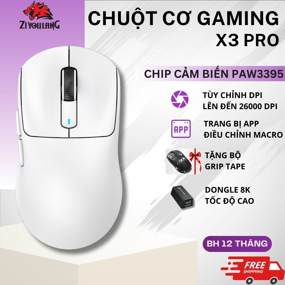 Chuột Gaming Không Dây Attack Shark X3 Pro - Chip Cao Cấp PAW3395, DPI 26000, 3 Mode Kết Nối