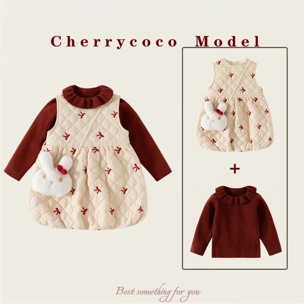 Set váy bé gái Cherry Coco váy phao mềm chần bông + áo len tặng dây đeo chéo 26coco06