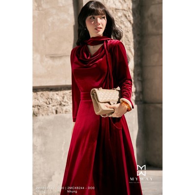 Set Áo Váy Nhung Nữ MY WAY Dài Tay Thu Đông Cách Điệu Cổ Đổ Sang Trọng 2MAB03233w 2MCXB244w