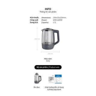 Ấm Siêu Tốc LocknLock EJK276GRY- 1.7L, 2200W, 5 Mức Chỉnh Nhiệt, Giữ Ấm 12h, Đèn LED Báo Sáng