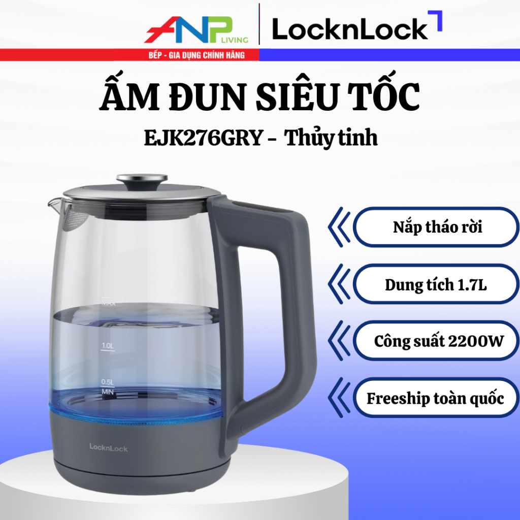 Ấm Siêu Tốc LocknLock EJK276GRY- 1.7L, 2200W, 5 Mức Chỉnh Nhiệt, Giữ Ấm 12h, Đèn LED Báo Sáng