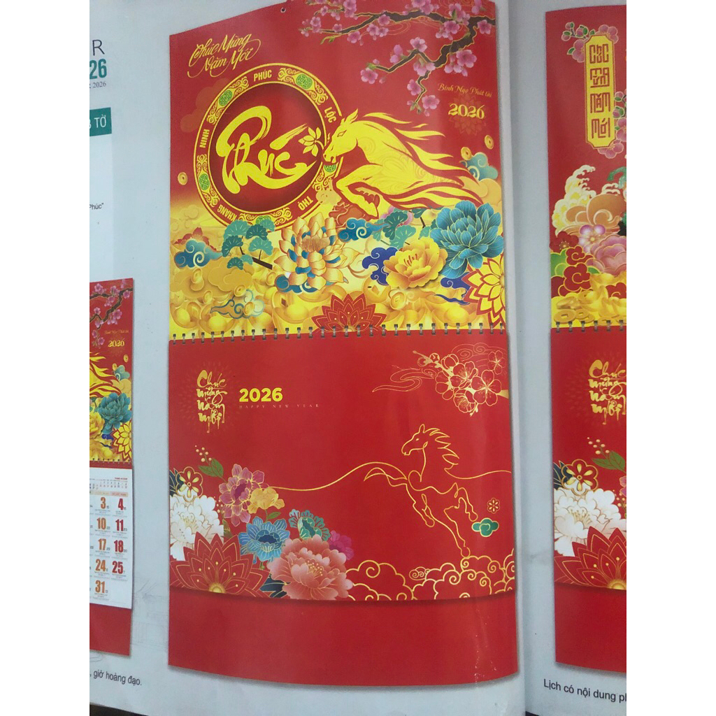 Lịch Tết treo tường 2026 lò xo giữa, lịch âm dương 13 tờ, KT cả bìa 38x70cm mỗi tháng là 1 tờ