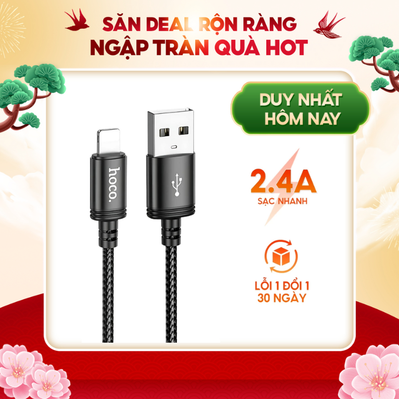 Cáp sạc nhanh 2.4A Hoco,dây sạc bọc dù chống gẫy cho điện thoại phone 6 -14,chân cắm usb truyền dữ liệu dài 1m 1.2 2m 3m