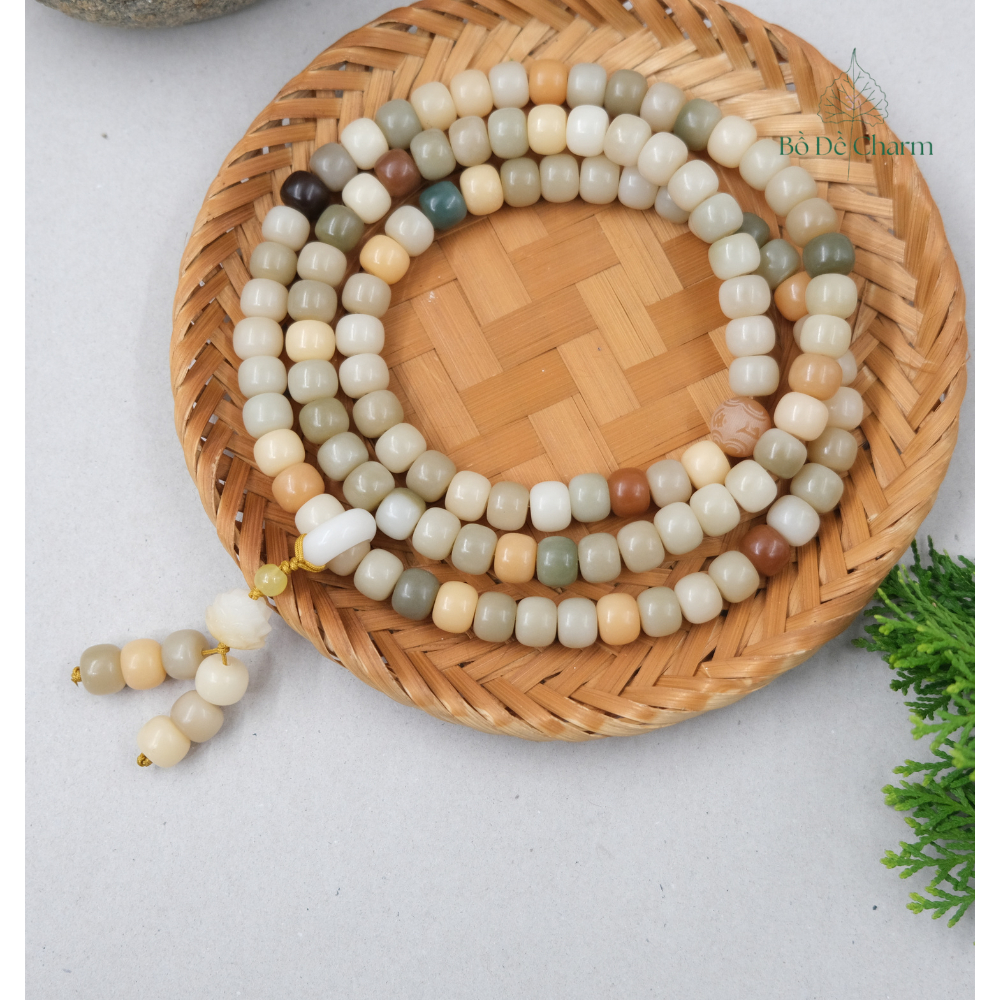 Chuỗi 108 hạt Bồ đề 8x10mm đa sắc mix tua hoa sen Bồ Đề| Bồ Đề Charm| Chuỗi hạt Bạch ngọc Bồ đề ngũ 