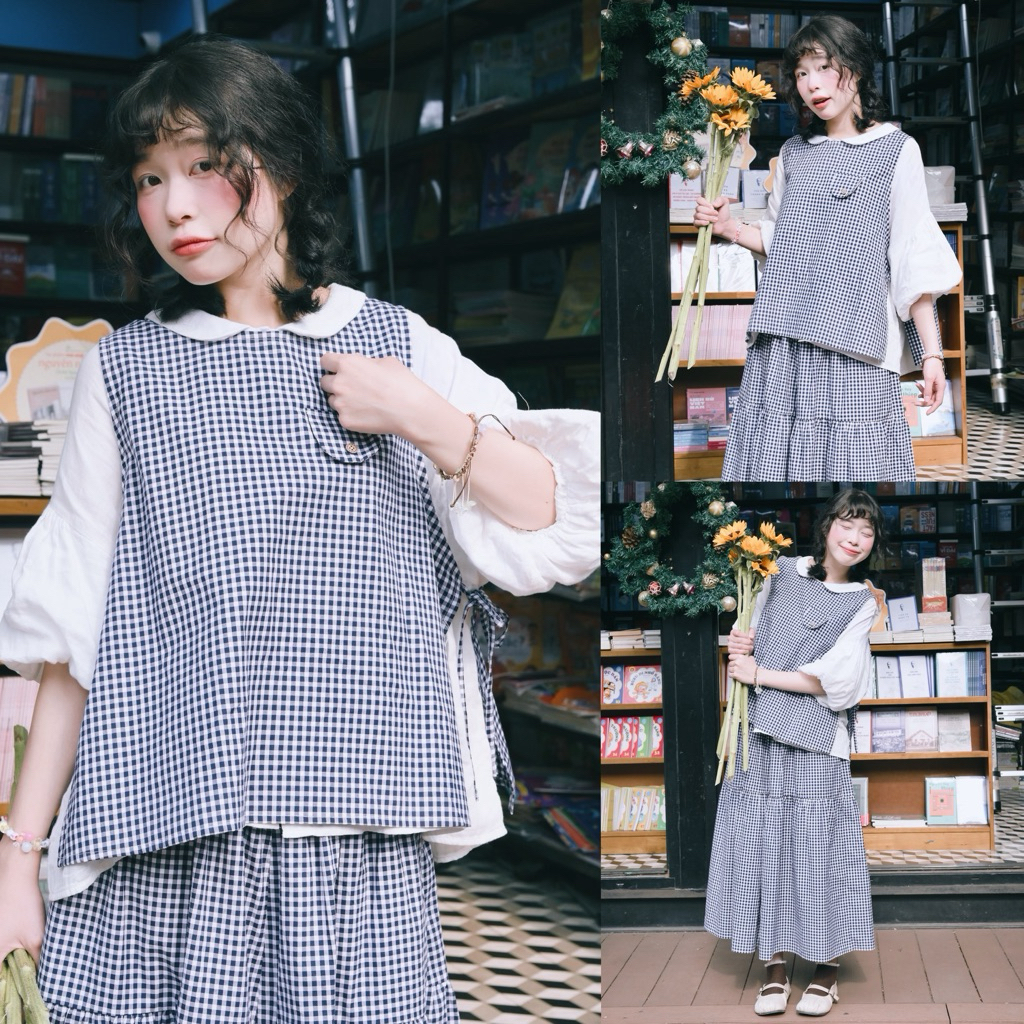 Set yếm quần váy caro 52Hz.Vintage phong cách dễ thương