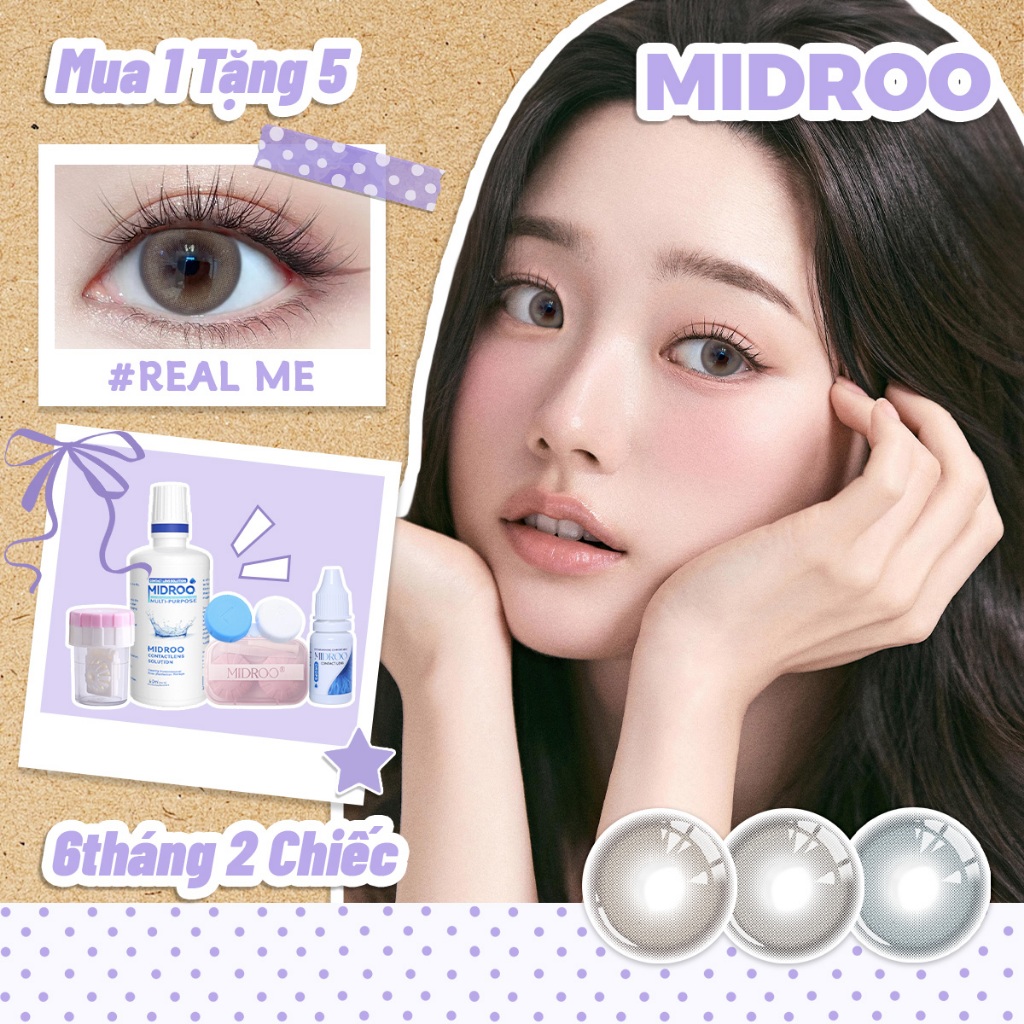 Kính áp tròng Midroo lens mắt Real Me Màu nâu xám Lam lens cận 6 tháng DIA 14.2mm có độ 0-6 2 chiếc