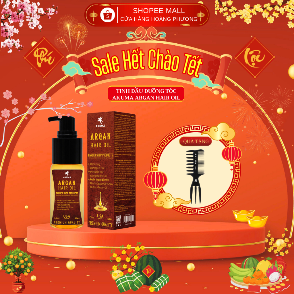 Tinh dầu dưỡng tóc Akuma Argan Hair Oil 50ml | Dưỡng tóc nam dành cho mái tóc khô xơ chẻ ngọn