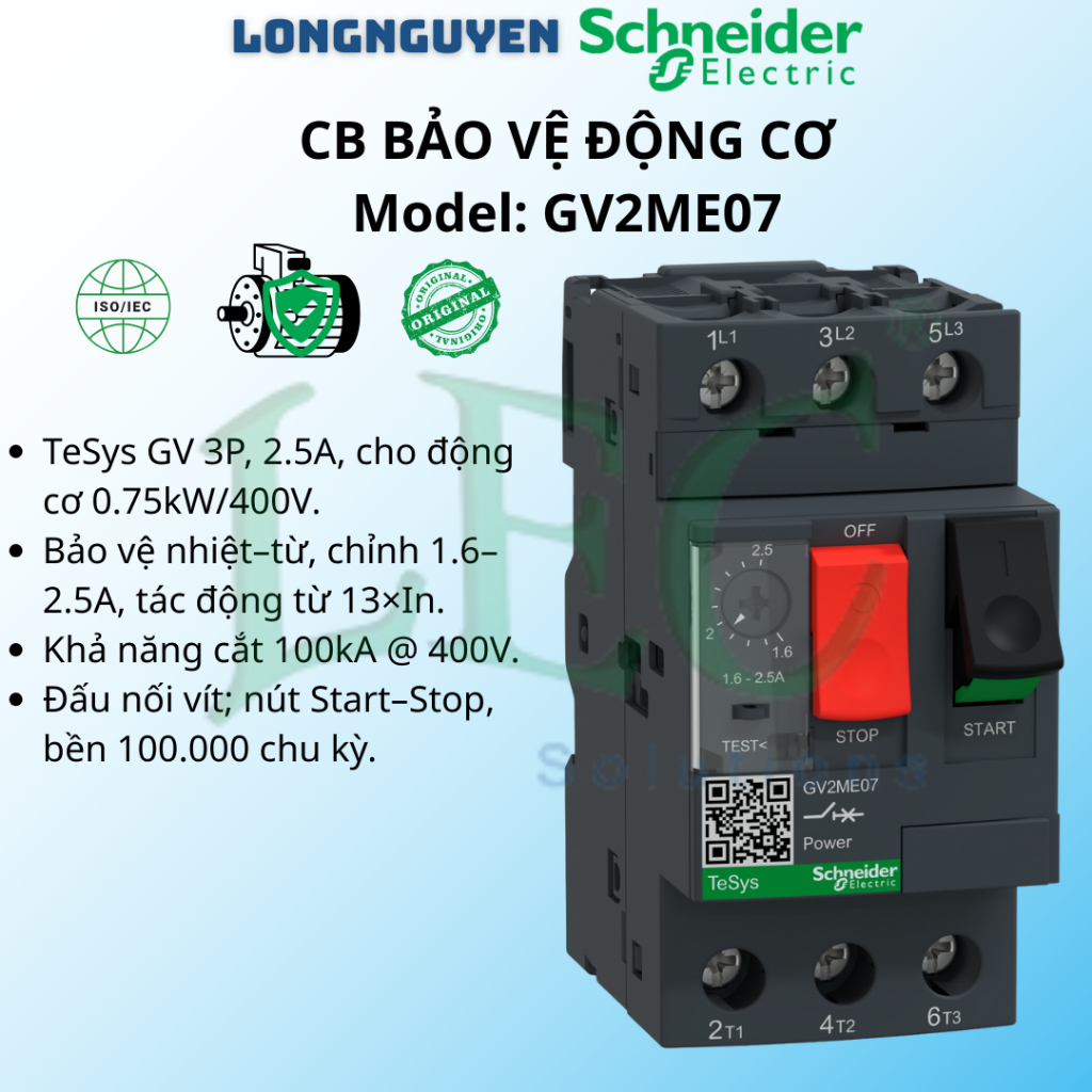 Cầu dao bảo vệ động cơ Schneider GV2ME07 1.6-2.5A 0.75kW 400V chính hãng