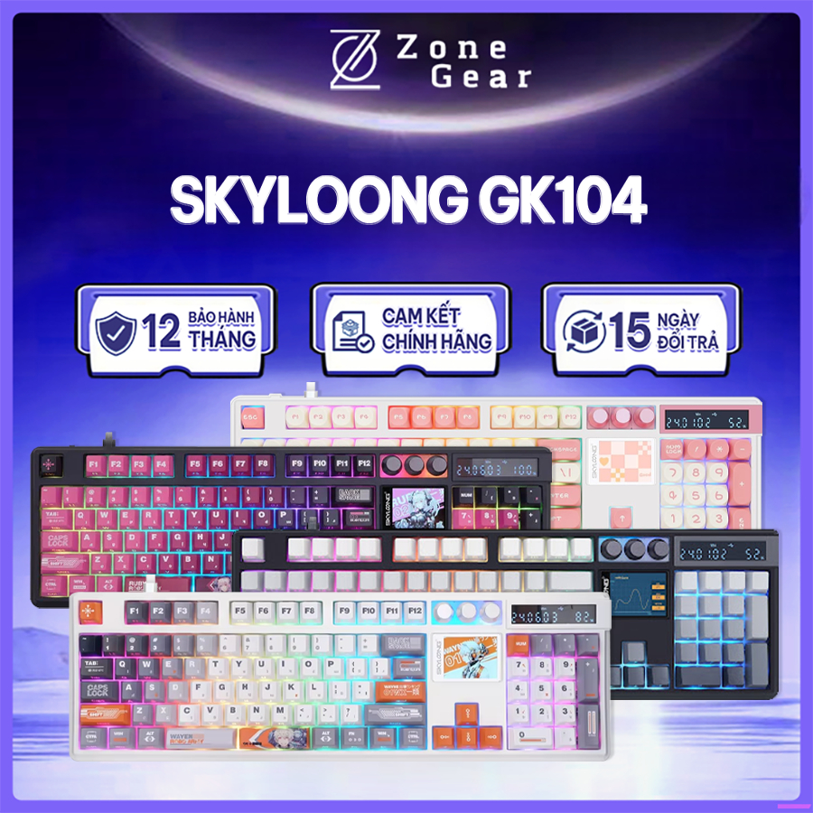 Bàn phím cơ Skyloong GK104 - Bàn phím không dây Fullsize Led RGB, 3 mode Kết nối, 2 màn hình, Hotswa