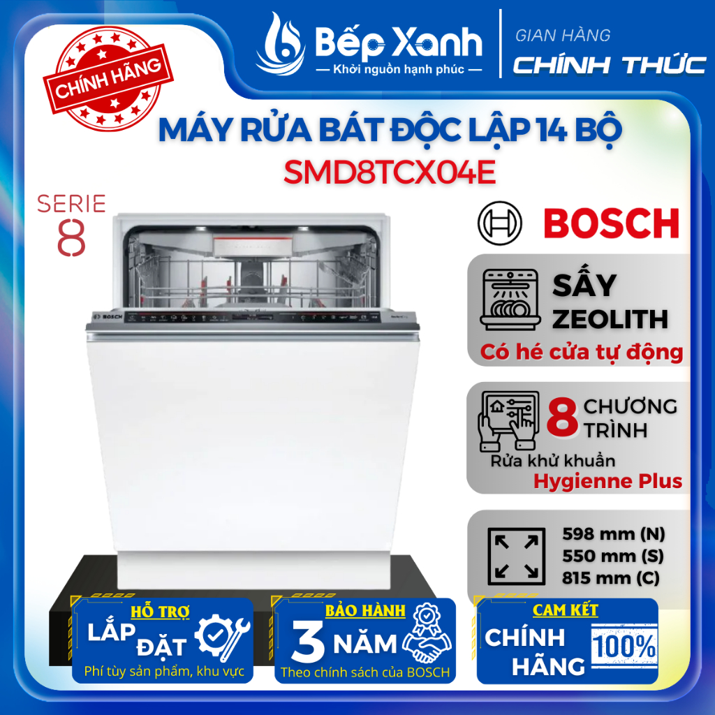 Máy rửa chén âm tủ Bosch SMD8TCX04E seri 8 - Sấy zeolith (bảo hành nhà phân phối)