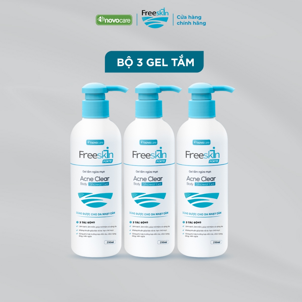 Set 3 Gel tắm ngừa mụn Novocare - Freeskin Forte Acne Clear Body Shower Gel 250ml dùng cho mụn cơ th