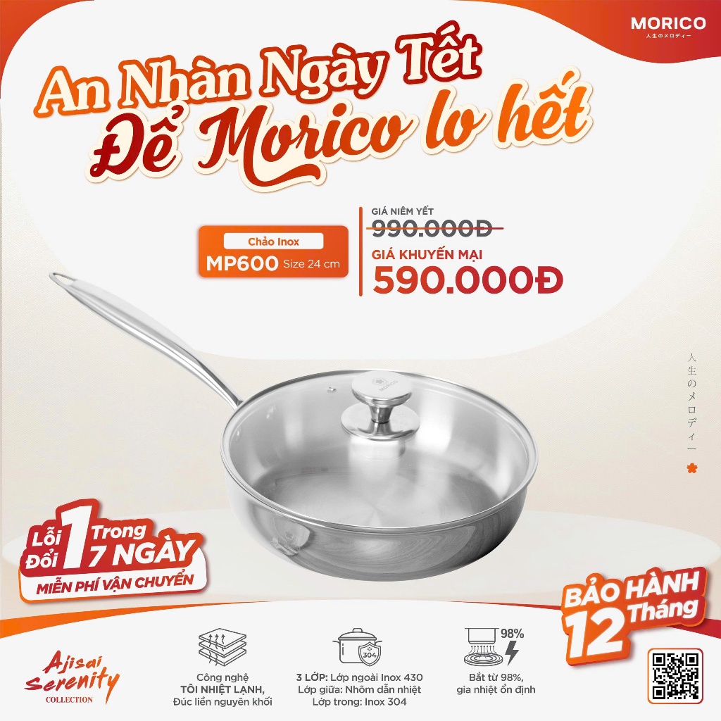 Chảo INOX chống dính tự thân không cần tôi Morico MP600 size 24