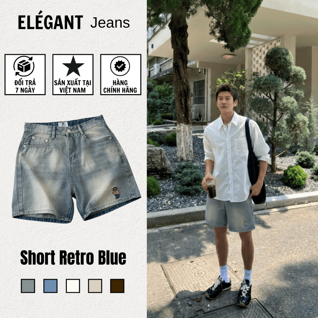 Quần Short Jean Nam ELEGANT Màu Retro Blue Trên Gối- Quần Đùi Jean Nam Màu Xanh Wash - Có Bigsize