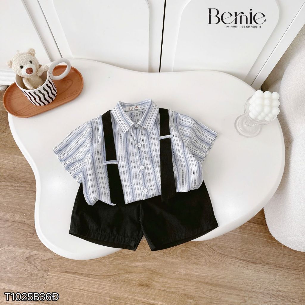 Set sơ mi cộc tay bé trai hàn quốc kẻ xanh Urban bộ quần áo sành điệu 1 đến 7tuổi BERNIE T1025B36Đ