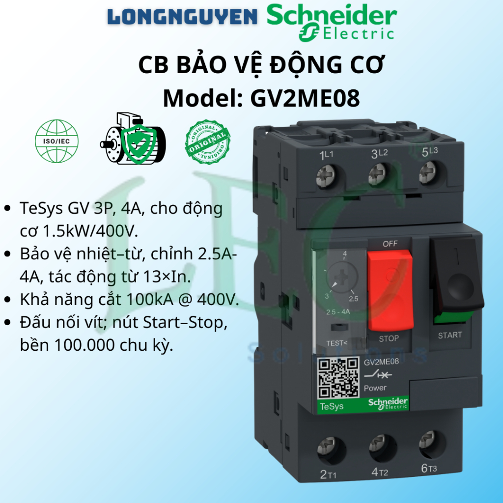 Cầu dao bảo vệ động cơ Schneider GV2ME08 3P 2.5-4A 1.5kW 400V chính hãng