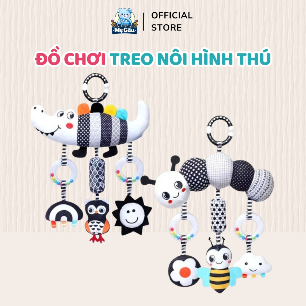 Đồ Chơi Treo Nôi Cho Bé TNBOOKS, Đồ Chơi Lắc Chuông Hình Thú Nhồi Bông Đen Trắng