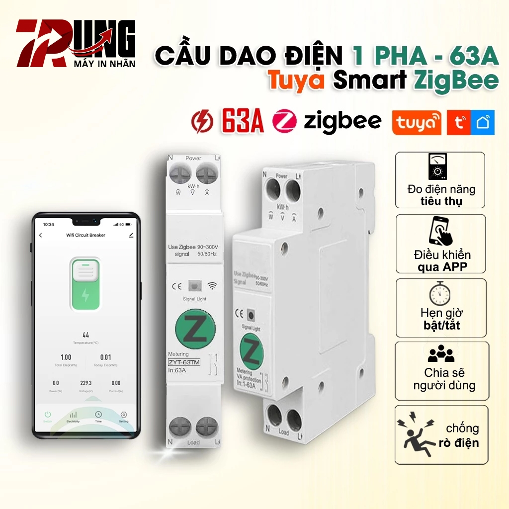 Aptomat thông minh Tuya Zigbee, CB Tuya 63A có đo điện